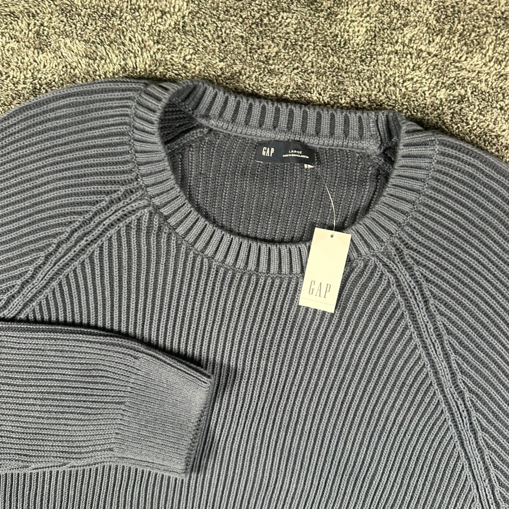GAP Sweater Mens Large Blue Ribbed Knit Raglan Crew Neck Pullover NEW